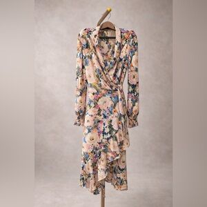 Floral Wrap Midi Dress with Long Sleeves - Pink Floral
